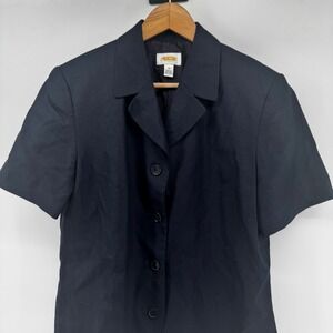 Talbots Womens 14 Black Linen Rayon Short Sleeve Blazer Jacket